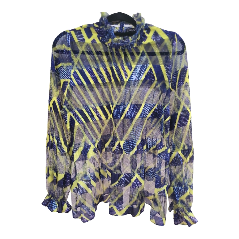 Sheer CQ by CQ Mesh Blouse Blue Bright Yellow Small